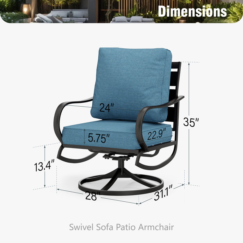 Argirios Metal Patio Swivel Chair with Cushions (Set of 2), Denim Blue