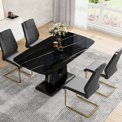 Table et chaise de salle à manger confortable de 4 à 8 places avec plateau en verre marbré, pieds pour le soutien, peut être utilisé comme couleur café noir + doré, pieds, surface, parties de salon appropriées