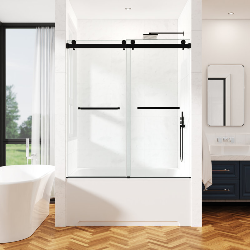 44-49" W  X 66" H Frameless Double Sliding Tub Door with 3/8" (10mm) Clear Tempered Glass, Shatter-Resistant Film & Installation Hole Locator