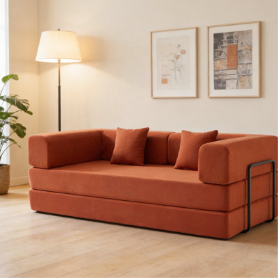 Lit convertible en velours côtelé orange à 3 places avec structure fixe, coussin cylindrique, salon au sol dans la chambre à coucher, mousse à mémoire de forme douce, dossier coussiné, chambre rouge respirante, carré à haute densité