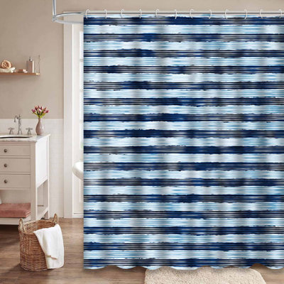 Rideau de douche à motif abstrait rayé bleu marine avec 12 crochets