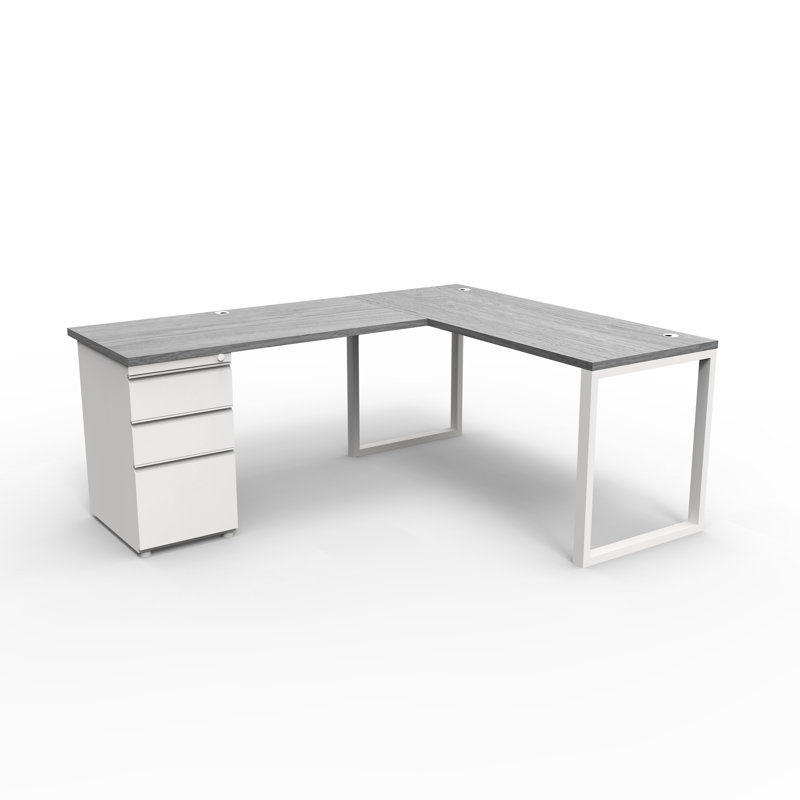 The City, Modern L-Shaped Office Desk for Office and Home, Grey Oak Top with White Frame, Gray Oak/White