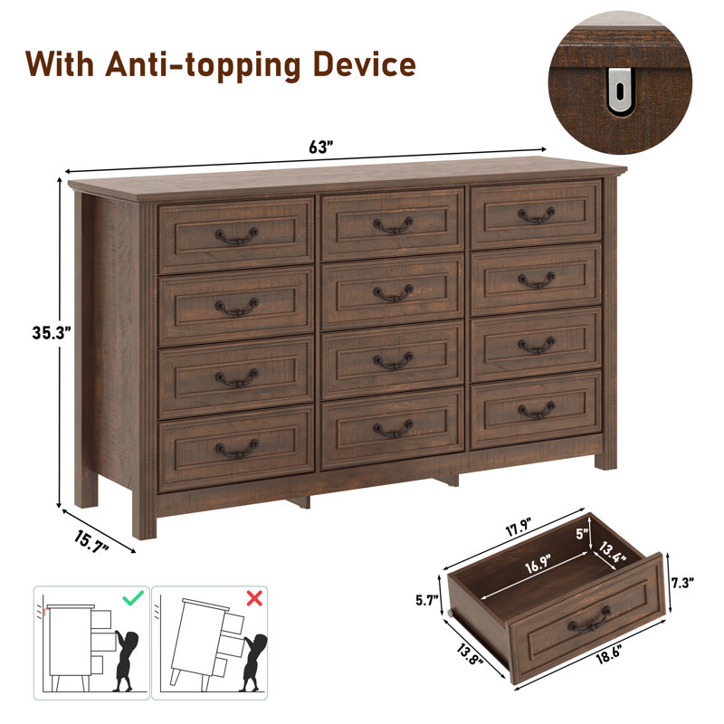 Farmhouse 12 Drawer Dresser for Bedroom, 63” Wood Chest of Drawers with Rustic Handles, Wide Closet Dressers Organizer, Brown