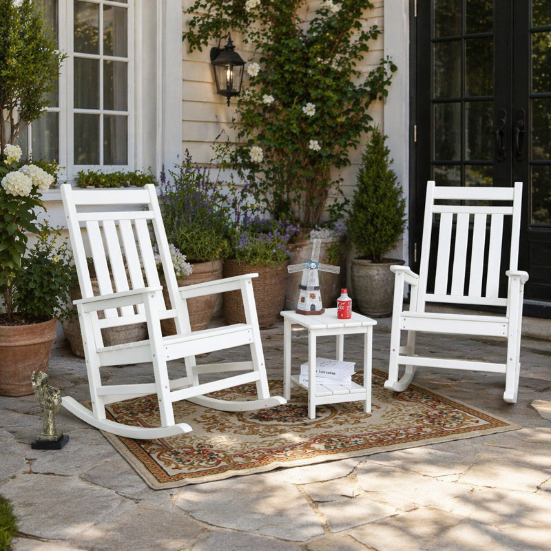 Ensemble de chaises berçantes toutes saisons avec table d'appoint, mobilier de patio 3 pièces au design ergonomique et finition en bois