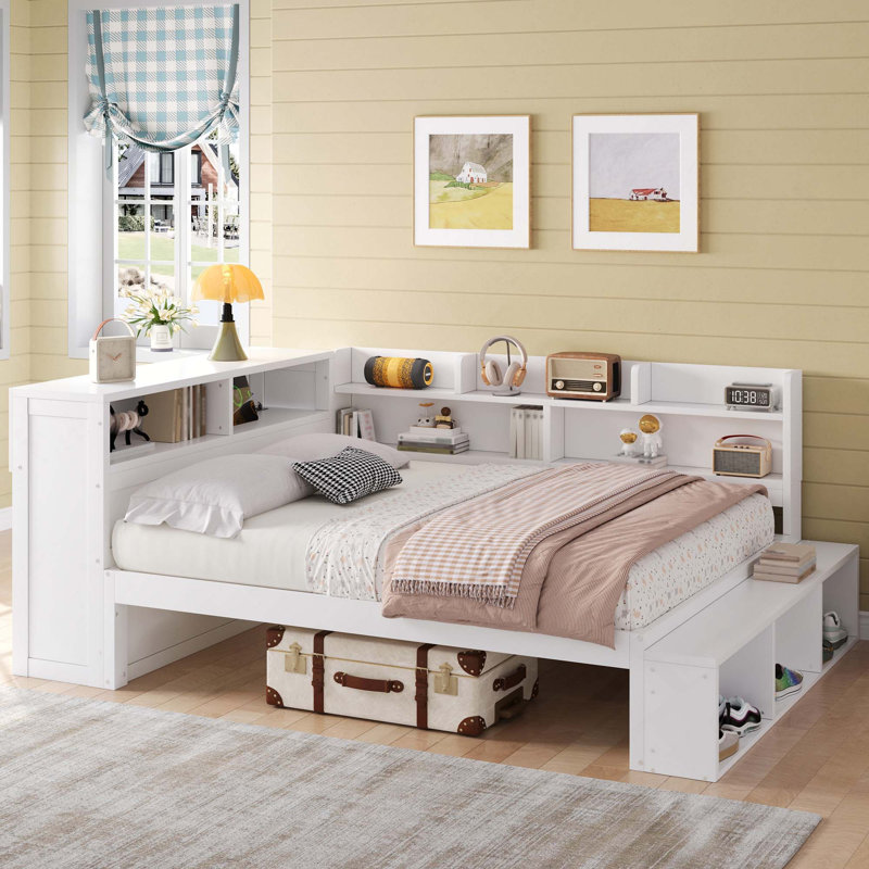 Lit de jour avec armoires de rangement, armoire à chaussures et ports USB, Blanc