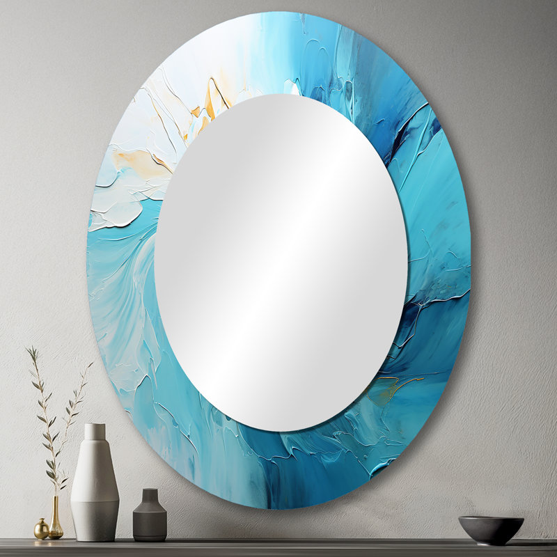 Azure Symphony I - Grand miroir mural ovale sur métal, 43 po x 33 po