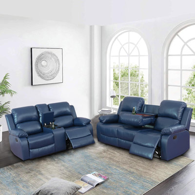Ensemble de salon inclinable 2 pièces en cuir végétalien manuel Miamia avec console, table rabattable et porte-gobelets