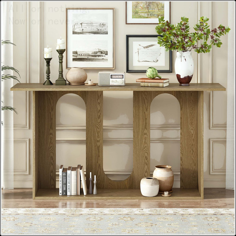 Curved Ash Veneer Console Table with Lower Shelf, Natural