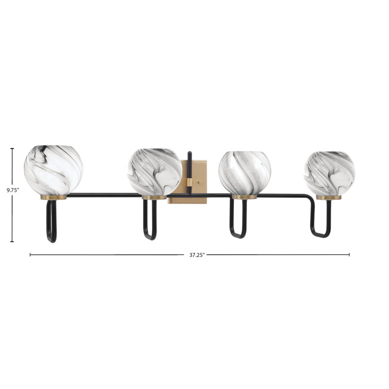 Barre d'éclairage de salle de bain 4 lumières Amarmula, noir mat et laiton vieilli, verre onyx 5,75 po, Noir/laiton