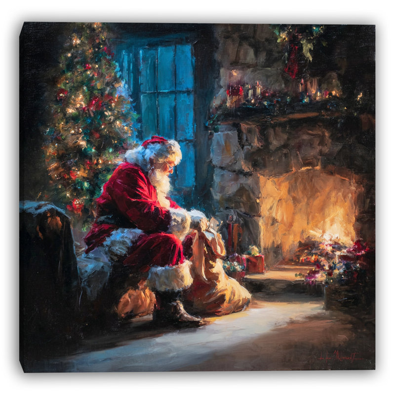 «Santa by the Fireside», art mural sur toile tendue, H 30 po x l 30 po