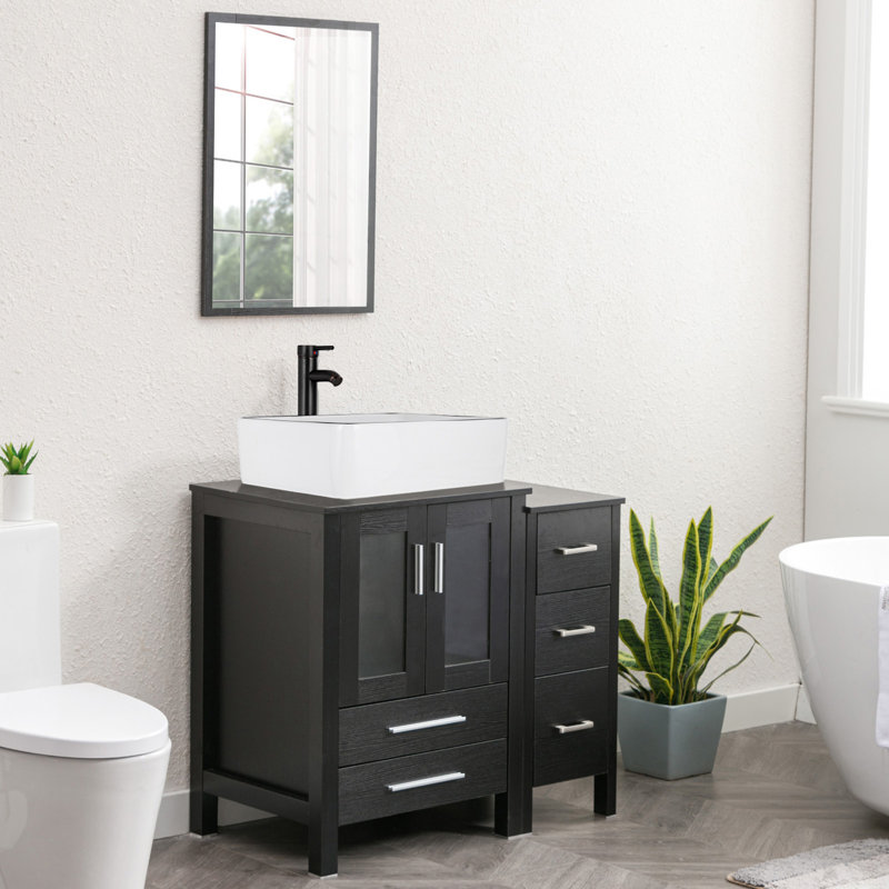 Meuble-lavabo simple 36 po avec plateau en bois manufacturé Breahnna, lavabo vasque, robinet, bonde, Noir, Noir
