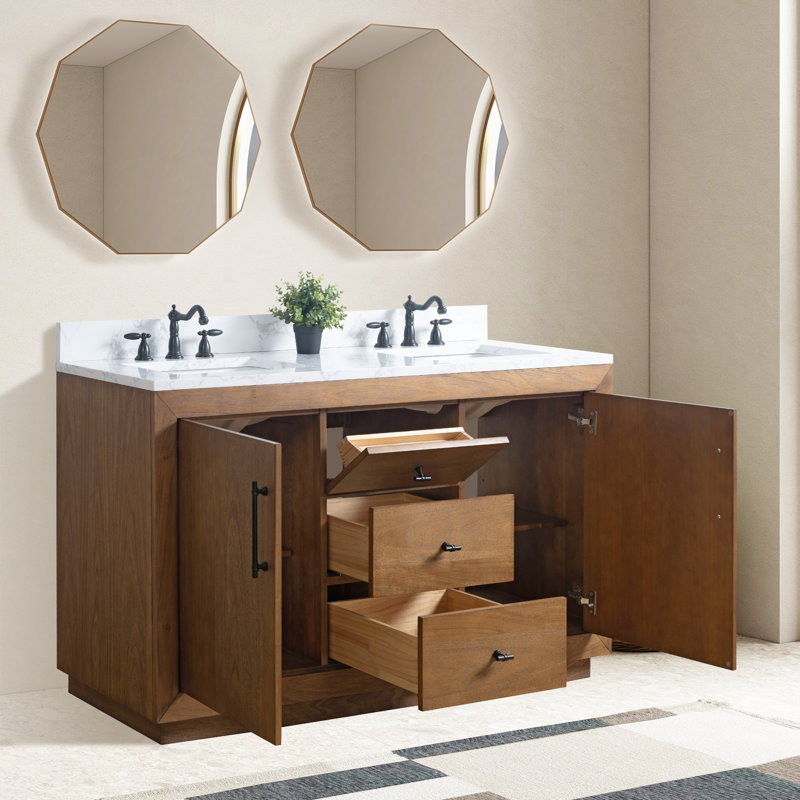 Meuble-lavabo double autoportant, Blanc Arabescato, Blé clair, 72"
