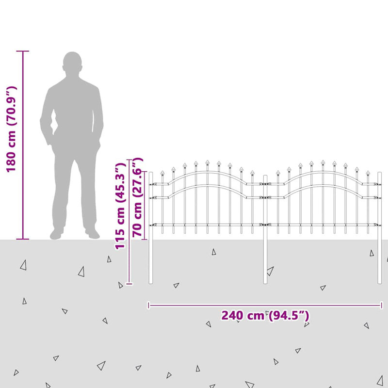 Vidaxl Garden Fence Powder-Coated Steel, 240cm H x 115cm W x 3.2cm D, Black