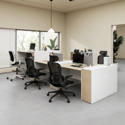 Okeysen 6 Person Multi-Height Workstation Modular Attachable Office Desks  6 BIFMA-Certified Office Chairs Set