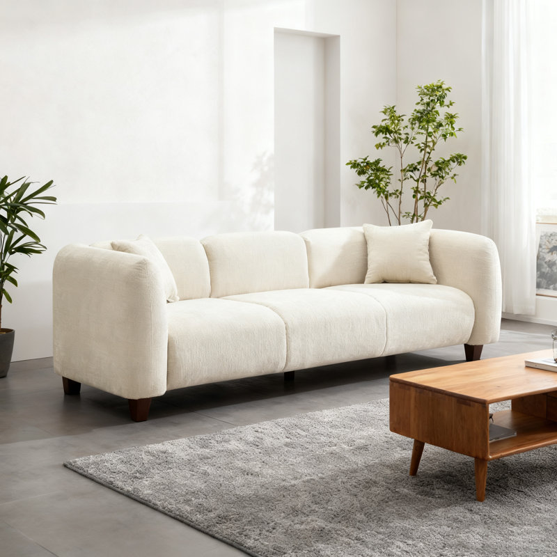 87 In. 3 Seater Modern Upholstered Velvet Sofa, Beige