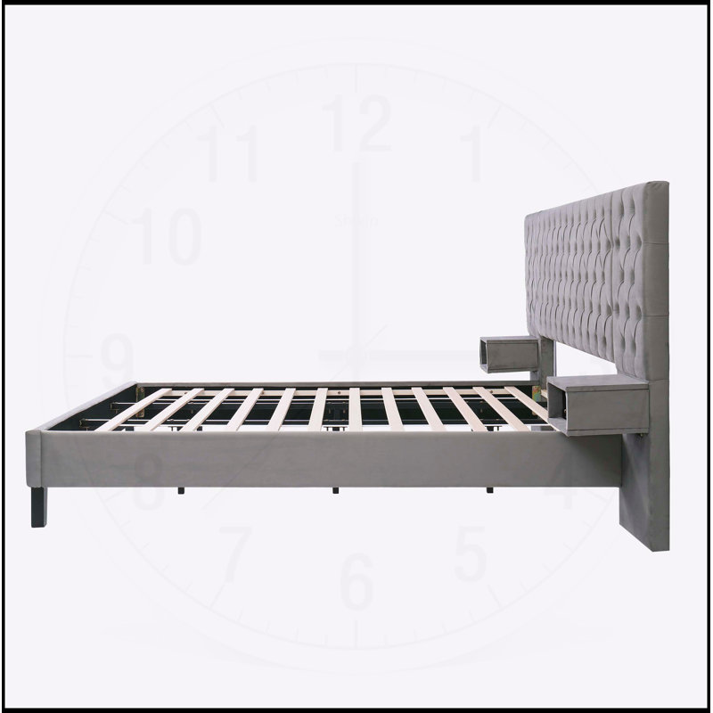 Lit plateforme très grand avec tête de lit en velours moderne recouvert de 2 tables de chevet, capitonné à motif de losanges, gris