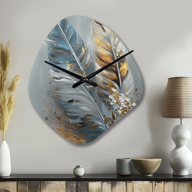 Horloge murale en forme de plume dorée Wanderlust I - Glam Feather, Grand