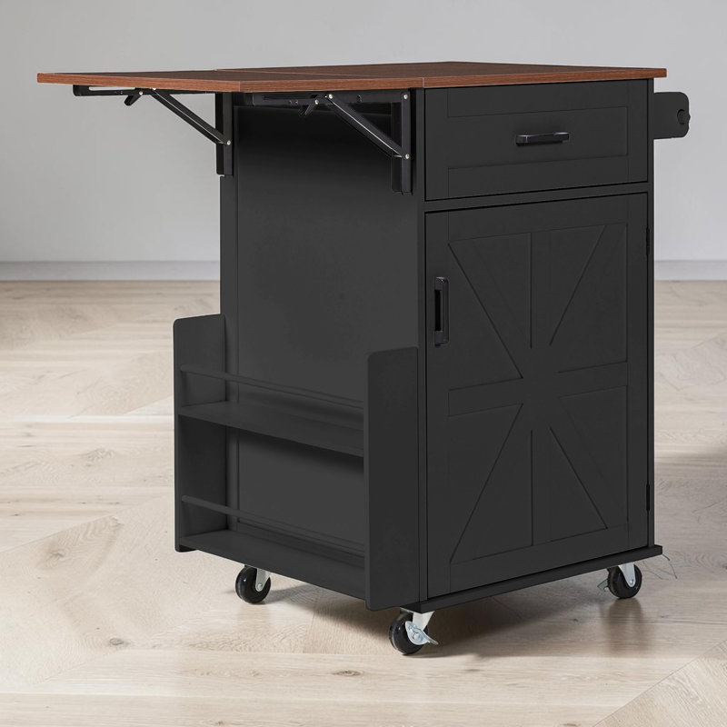 Kitchen Island With Drop Leaf, Space-Saving Expandable Design, Wood, Open Side Rack Storage, Modern Farmhouse, Black
