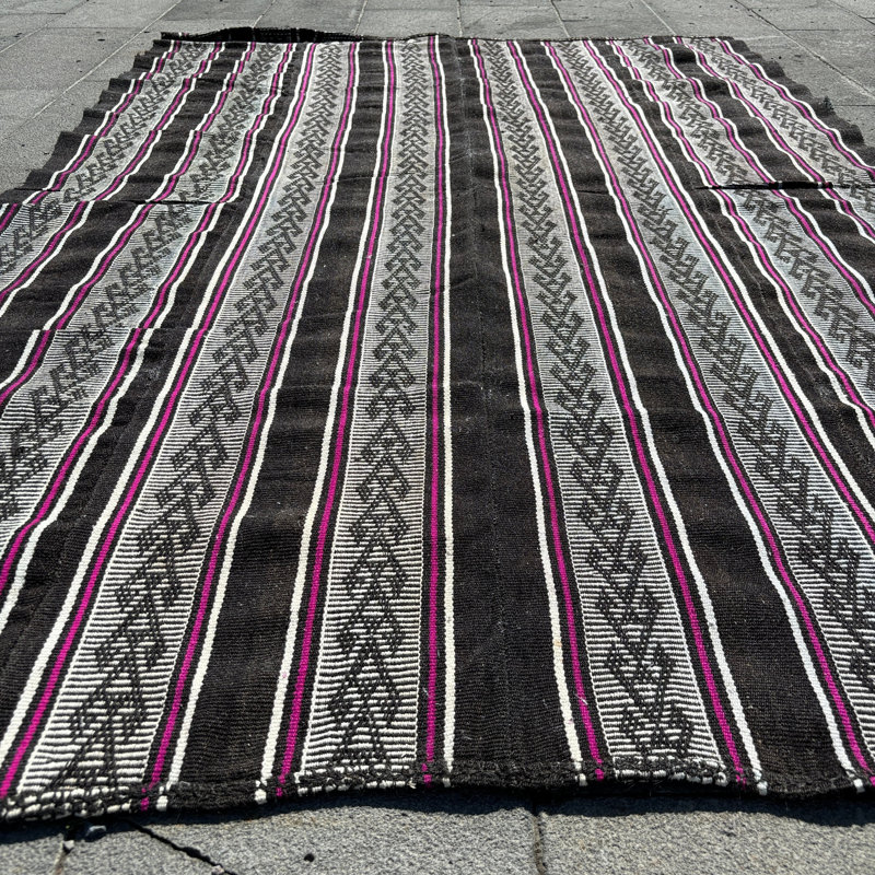 Tapis turc rétro vintage Oushak avec rayures et motifs uniques, idéal pour la cuisine