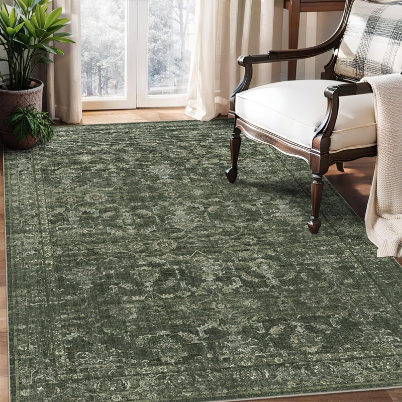 Vintage Boho Area Rug - Washable Non Slip Low Pile Rug, Dark Green, Rectangle 4' x 6'