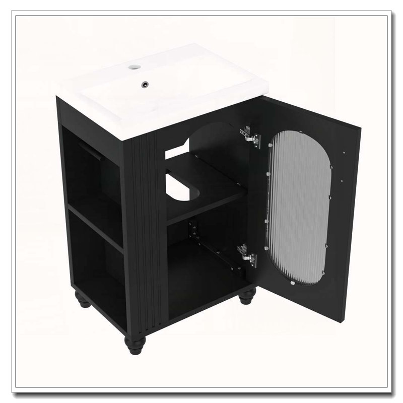 Meuble-lavabo moderne de 20 pouces avec lavabo en céramique et tablettes latérales, Noir