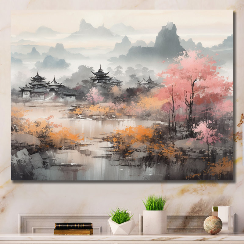 Golden Whispers Of Japon II - Paysage, Japon, art mural, H 30 po x l 40 po x P 1,5 po, Toile tendue
