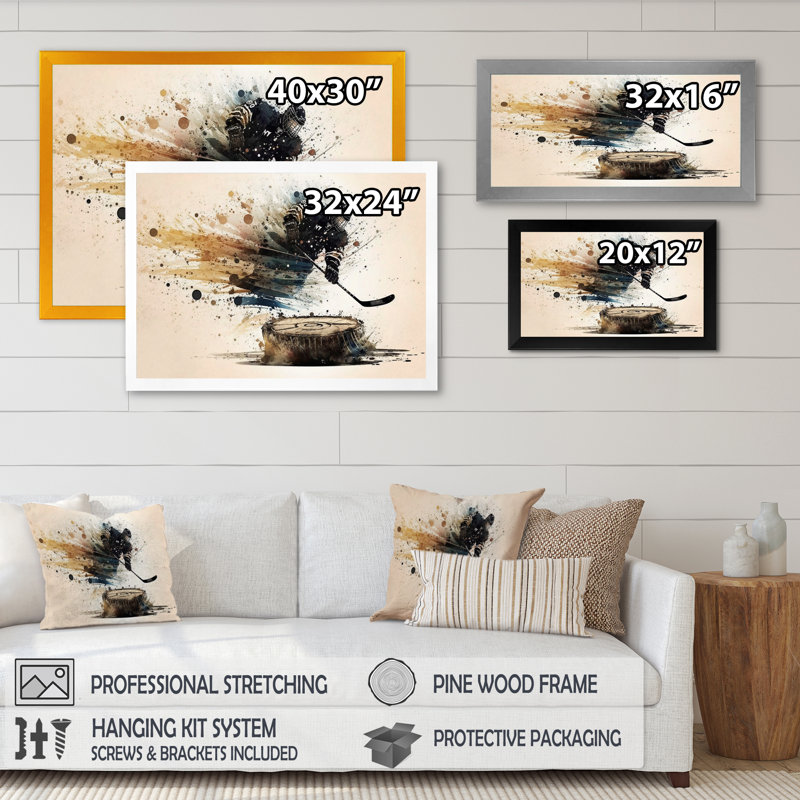 Joueur de hockey frappant une rondelle, Impression dorée sur toile encadrée, H 30 po x l 40 po x P 1,5 po