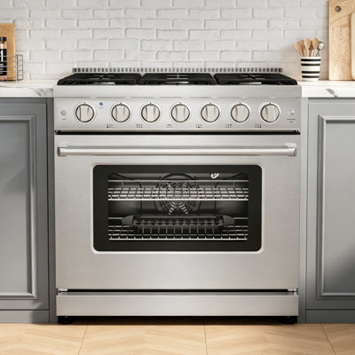 36-Inch Slide-In Gas Range with 6 Burners, Convection Bake, Roast, Broil & Dehydration Modes, Professional-Grade Knob Controls, LP Conversion Kit, Includes 2 Oven Racks, Anti-Tip Bracket, and Baking Pan with Drip Tray