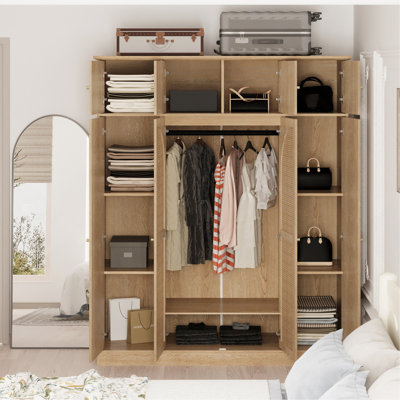 Armoire-penderie 8 portes de 180 cm de hauteur avec tringle et portes en rotin, couleur naturelle