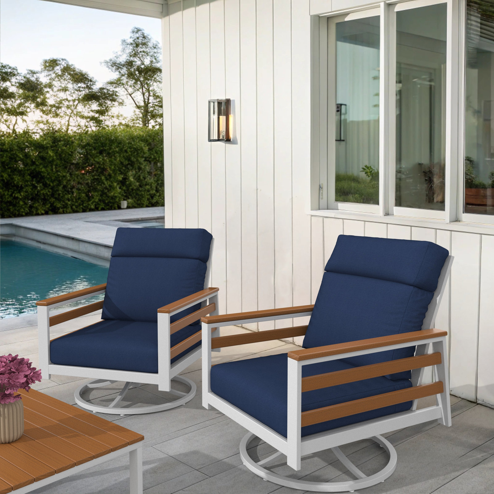 Townsend Sunbrella® Swivel Patio Lounge Chair, Canvas Navy, Brown