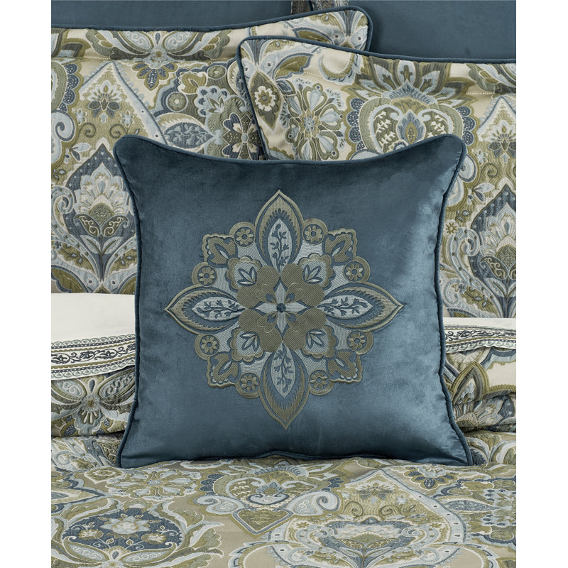 Avellino Dark Spa Blue Embroidered Square Throw Pillow