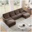 Canapé d'angle modulaire 4 places en chenille, forme U, avec deux poufs, bord volanté, marron-2043942497-2043942499
