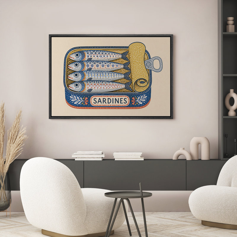 "Folk Art" sardines en étain doré bleu avec pois décoratifs et fond crème, reproduction d'art sur toile encadrée, Black