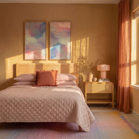 Bedroom with rattan furniture, pink bedding, and pastel art.
