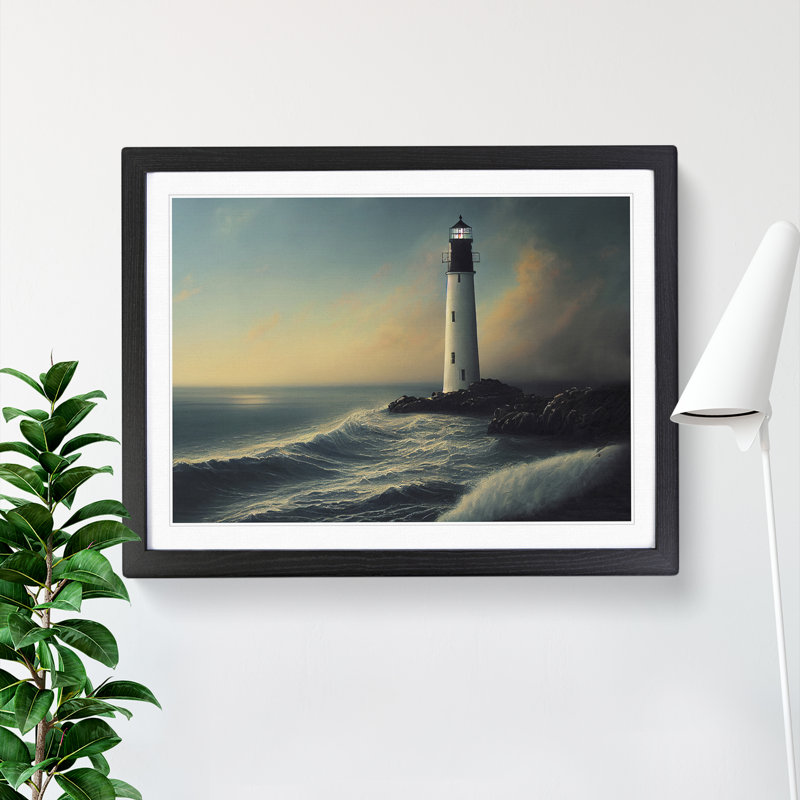 Shimmering Lighthouse Seascape - Framed Print, Black, 46cm H x 64cm W x 2cm D