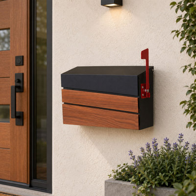 Wall Mount Mailbox, Wood Grain Metal Letter Box with Flag
