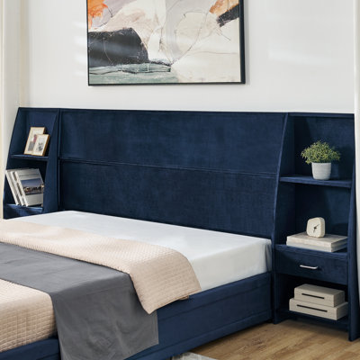 Très grand lit plateforme très grand avec rangement bleu foncé, tête de lit en velours brillant avec bibliothèques latérales et tiroir, matelas non inclus