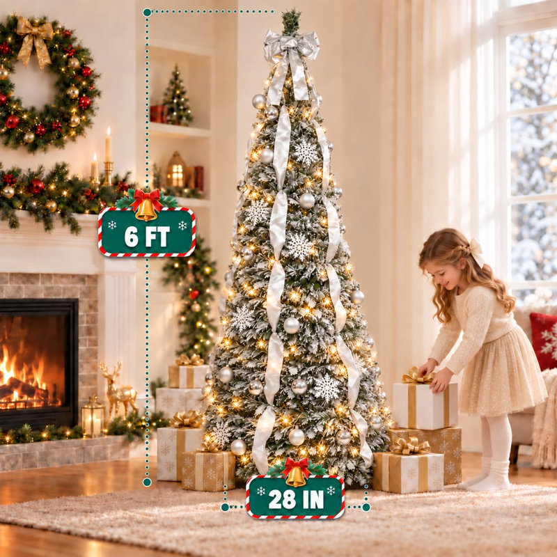 Sapin de Noël pliable de 1,80 m avec lumières, sapin de Noël pliable préilluminé recouvert de neige floquée avec des lumières chaudes, sapins de Noël pliables décorés pour les fêtes et les décorations de Noël