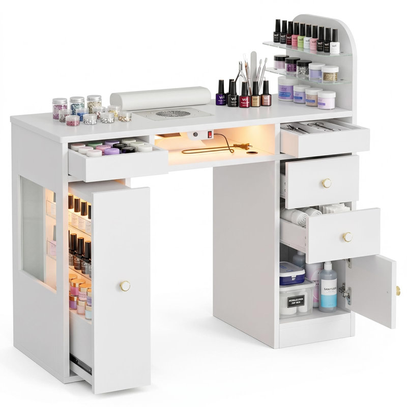 Table de manucure professionnelle avec éclairage DEL, système anti-poussière intégré, vitrine éclairée par DEL, éclairage sous le bureau, plateau coulissant double face, repose-poignets, résistant à l'acétone