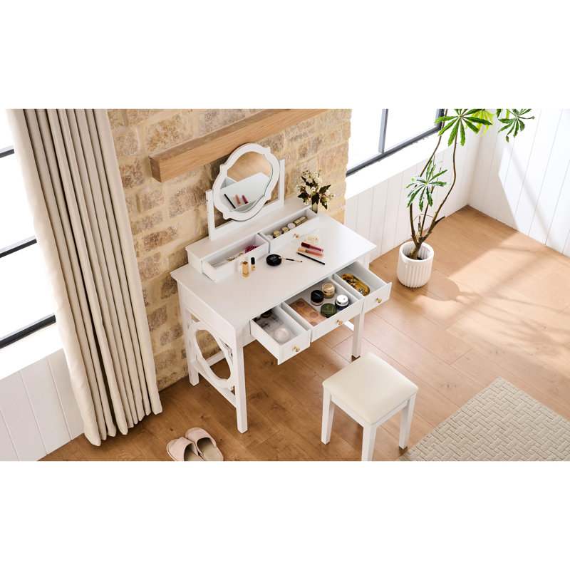 Space - Saving White Dressing Table With Four Leaf Reversible Mirror, Golden Round Handles, 5 Drawers For Beauty Essentials, Comfortable Seating And Stool , Mirror Flawless Makeup, Cosmetics