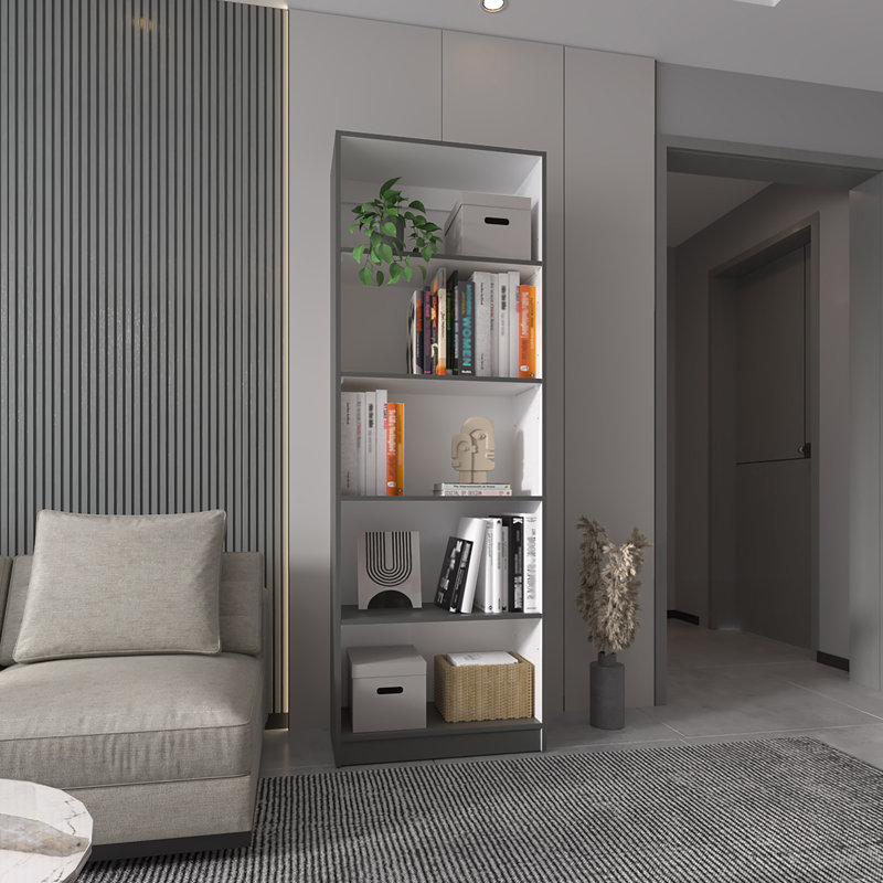 Bibliothèque à 5 tablettes gris mat et blanc, conception peu encombrante pour un rangement amélioré et une décoration polyvalente
