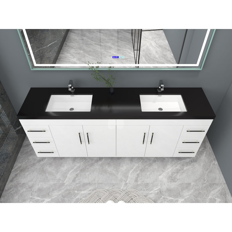 Ensemble de meuble-lavabo double 84 po Campney, Blanc ultrabrillant, Noir mat