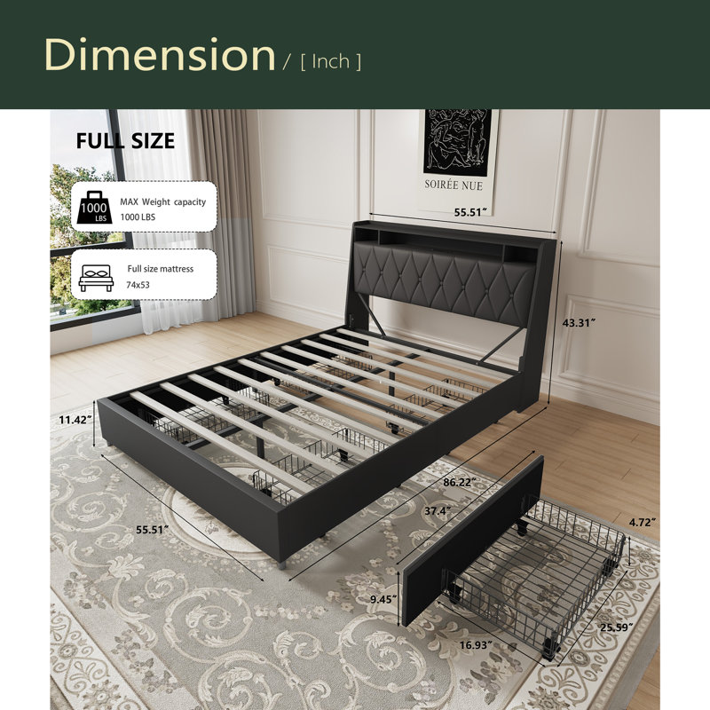 Cadre de lit avec tête de lit ergonomique, prises et chargeur, tablette de rangement, silencieux, aucun sommier nécessaire