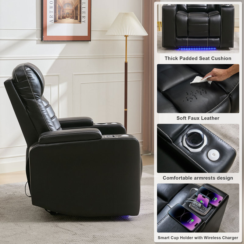 Fauteuil inclinable électrique de 39 po de largeur avec repose-tête électrique et chargeur sans fil, Noir, noir, noir, noir