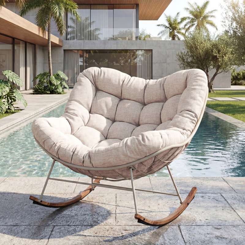 Chaise berçante en acier avec coussin, Coussin beige / structure crème