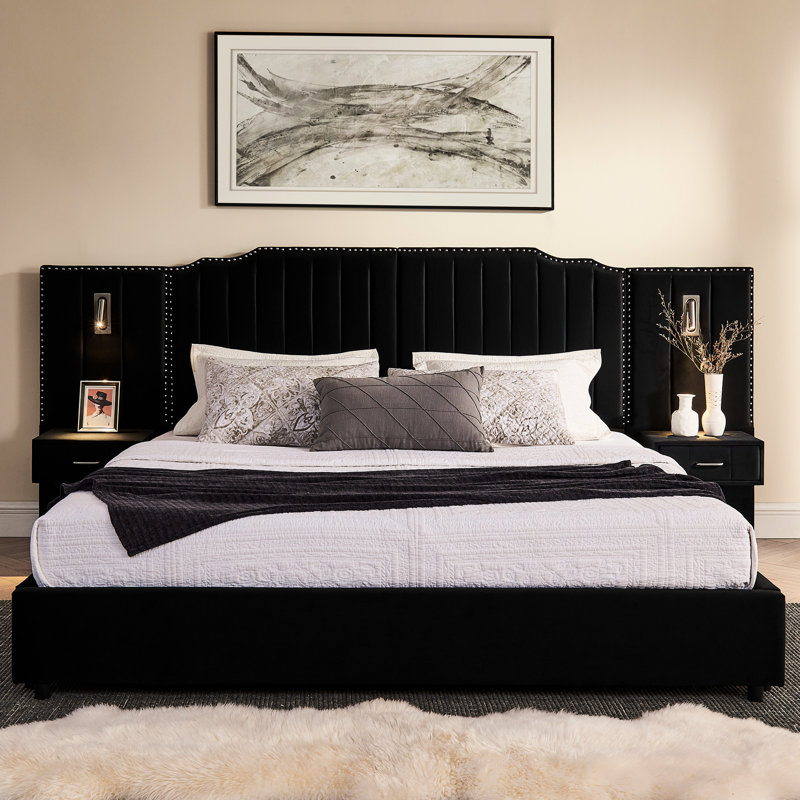 Lit plateforme très grand en velours noir, tête de lit à rayures verticales, table de chevet, lampe ajustable - sans sommier tapissier, noir
