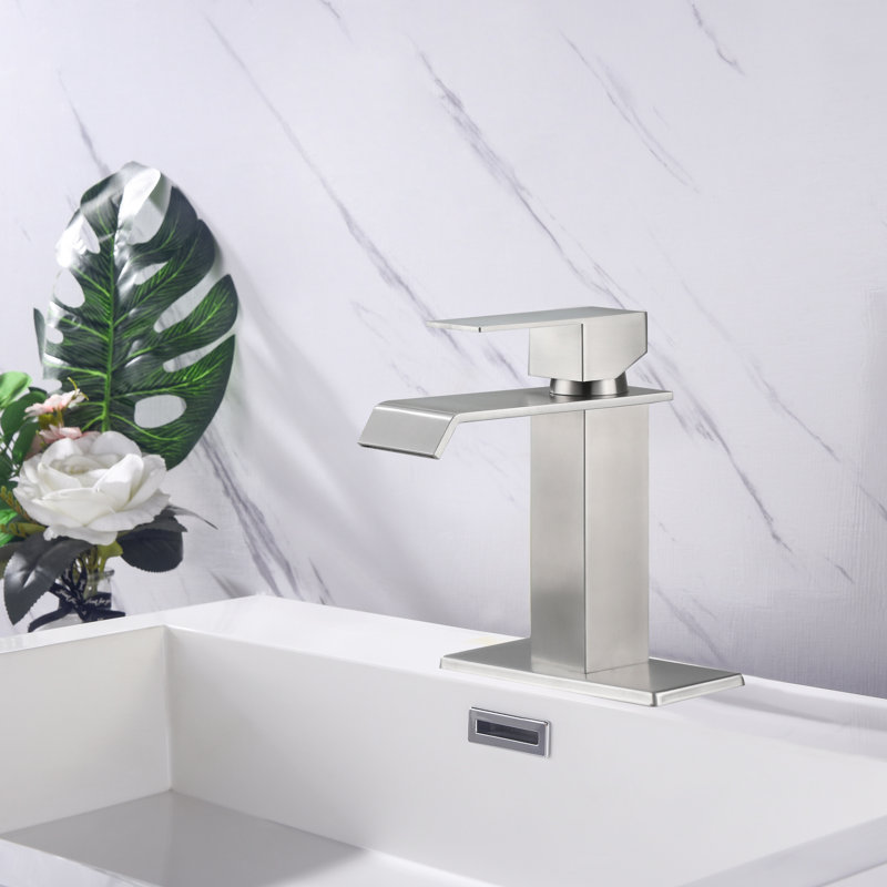 Robinet de lavabo de salle de bain en nickel brossé avec bec cascade et poignée simple pratique en nickel pour une utilisation facile