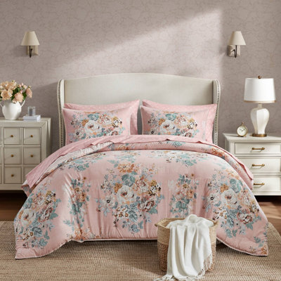 7-Piece Queen 7 Piece Vin -inspired Collection floral print,Pink