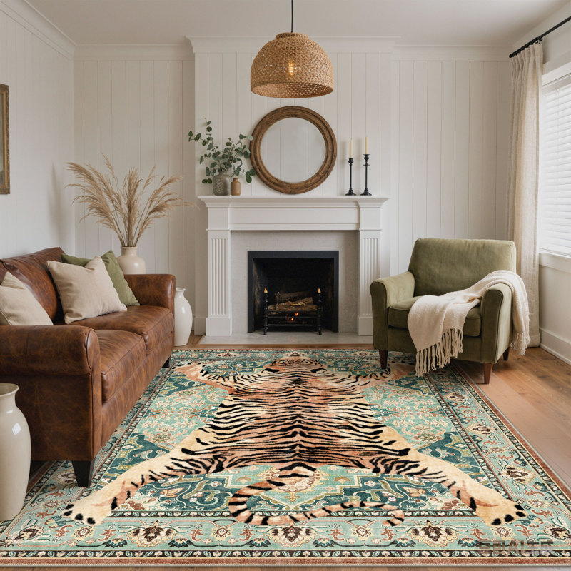 Zephyr Modern Tiger Print Turquoise Machine Washable Non-Slip Area Rug, Rectangle 5' x 7'