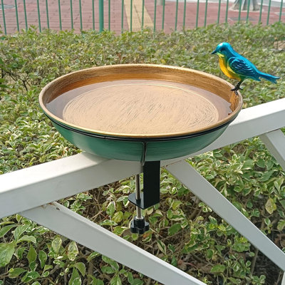 Plate-forme de bain d'oiseaux pour l'extérieur, bol de bain d'oiseaux en métal vert / bronze de 11 po avec grande pince en acier pour jardin et mangeoire d'oiseaux pour balustrade